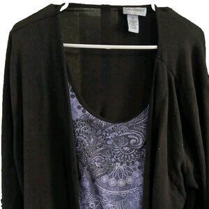 Catherines Black Cardigan with Purple Patterned Top